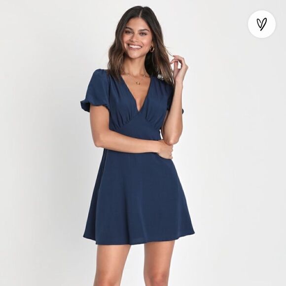 NWT Lulu’s Sweet and Soulful Navy Puff Sleeve Tie Back Dress With Pockets sz XS - Picture 1 of 10